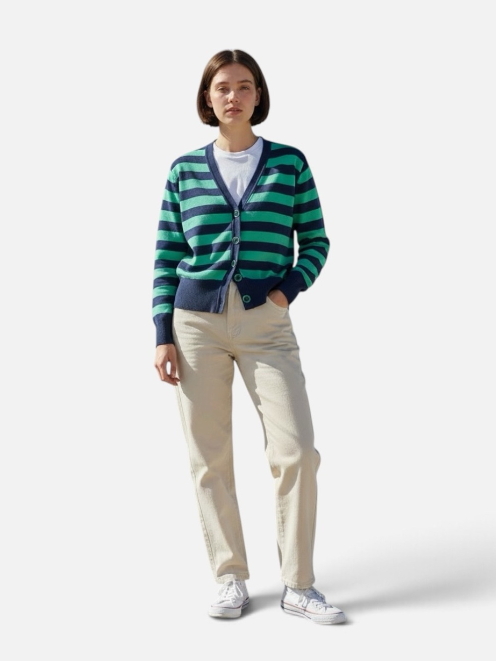 Striped V-Neck Cardigan Sweater - Green & Navy
